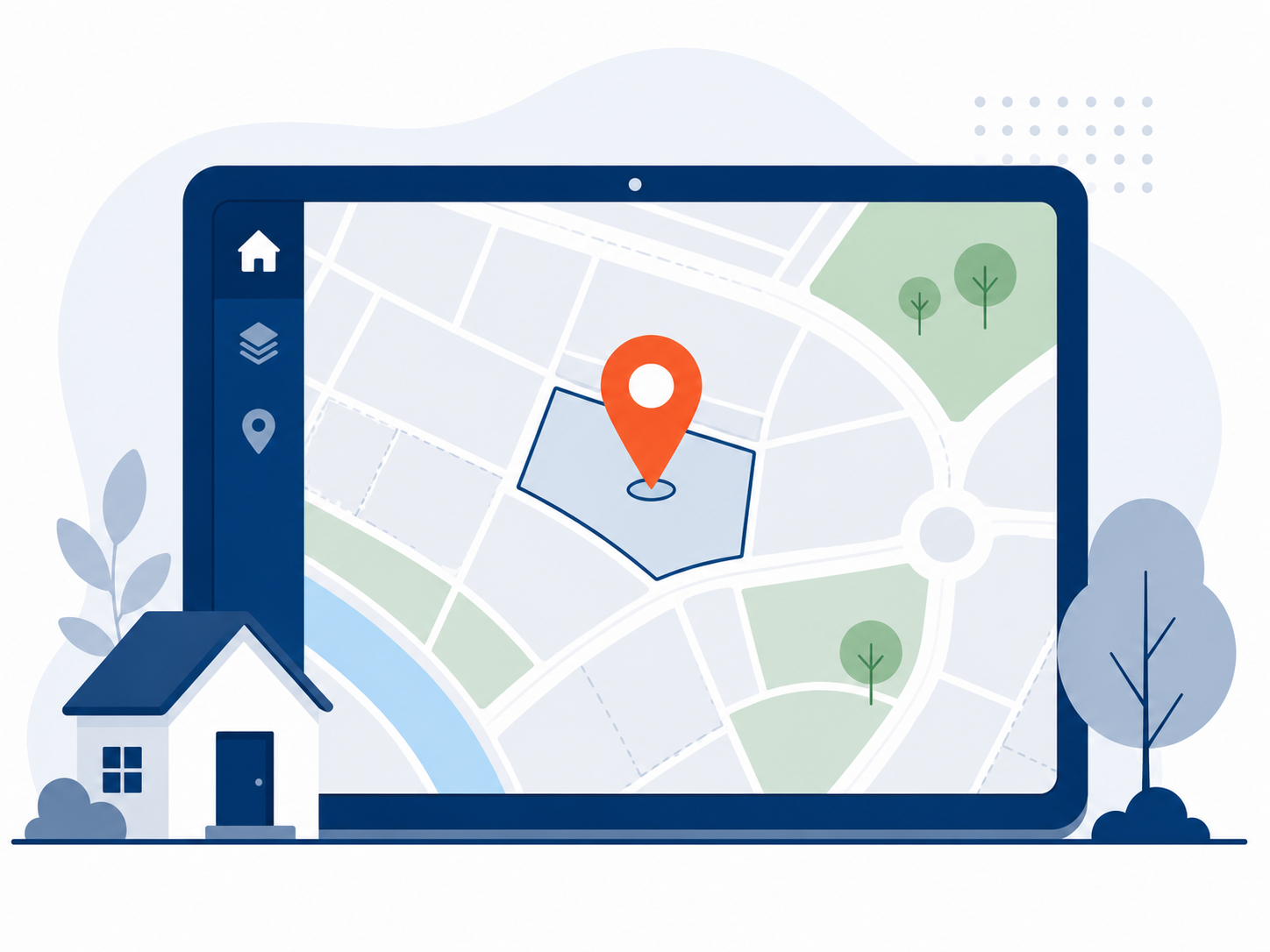 Ilustración de un mapa digital con una propiedad marcada, representando el Catastro Digital del CRIM