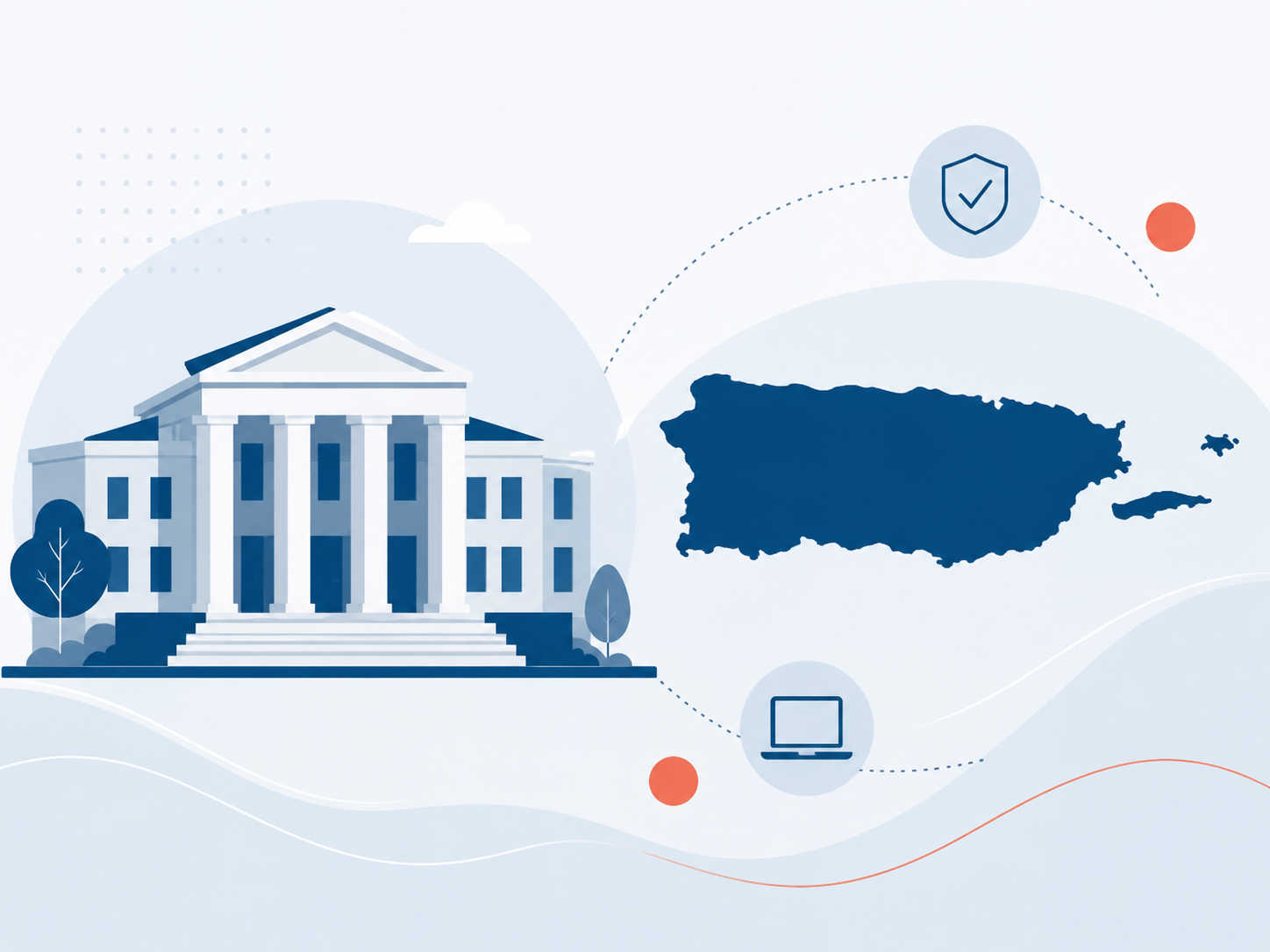 Ilustración de un edificio institucional junto a un mapa de Puerto Rico, representando al CRIM